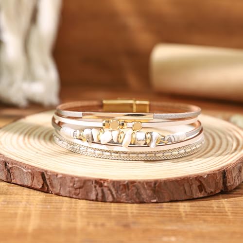Turquoise Leather Wrap Bracelet for Women Cross Boho Beaded Stack Wrap Cuff Bracelets Stackable Crystal Bangle With Gold Silver Bohemian Jewelry Gift - color: white