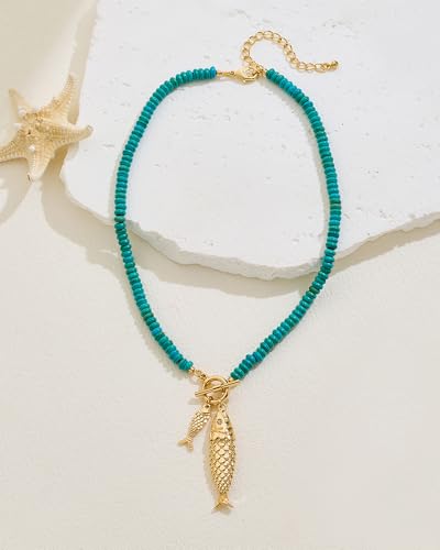 Gold Fish Necklace For Women Blued Beaded Strand Toggle Necklace With Gold Fish Pendants Dainty Summer Beach Turquoise Jewelry - style: Chubby Fish