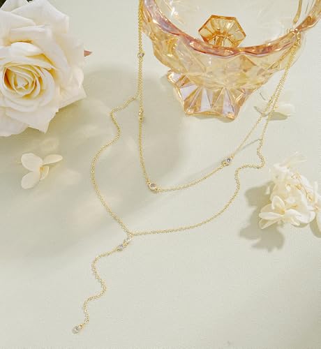 iF YOU Lariat Gold Long Necklaces for Women Trendy, Dainty 14K Gold Plated Drop Chain Necklace, Layered Rosary Beaded Y Necklaces Summer Beach Jewelry Gifts - color: Y layered CZ necklace-GLD