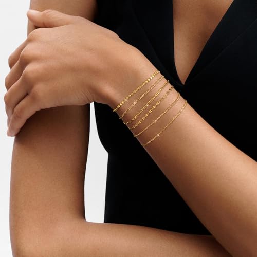 Tewiky Waterproof Gold Bracelets for Women Non Tarnish - Dainty Stack 14K Gold Plated/Sterling Silver Chain Bracelets Set Adjustable Trendy Jewelry for Women - style: Style C