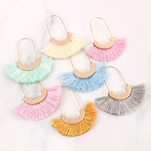 Bohemian Silky Thread Tassel Strand Fringe Statement Hoop Earrings - Lightweight Semi Circle Fan Threader, Mermaid Hoops - color: Fan Tassel Threader - Dark Gray