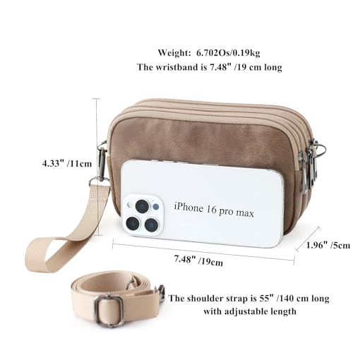 Small Wristlet Wallet for Women, 3-Zip Crossbody Phone Purse - color: Taupe/Shatteredpvc