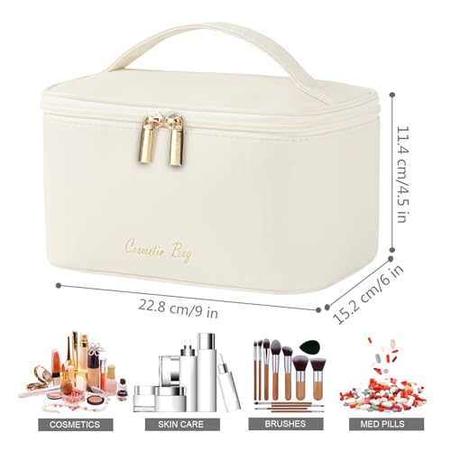 Meiyuuo Makeup Bag Large Cosmetic Bags for Women Girls Cute Travel Zipper Pouch Toiletry Organizer for Beauty Essentials Waterproof (Beige) - color: Light Beige