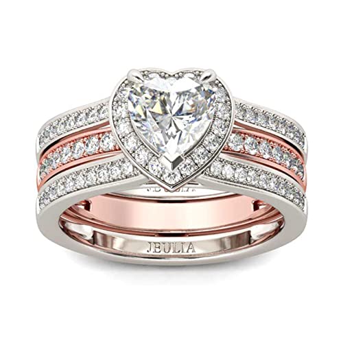 Jeulia Engagement Interchangeable Ring Set for Women Heart Cut Sterling Silver Wedding Promise Brilliant Classic Band Fashion Anniversary Rose Gold Halo Diamond Bridal with Jewelry Box - color: Rose gold