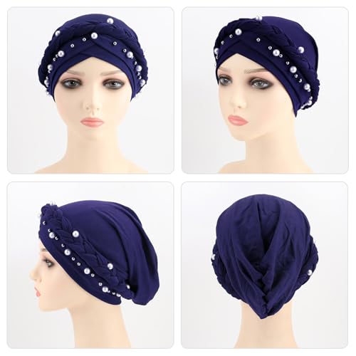 African Women Turban Caps Pre-Tied Twisted Turbans Head Scarf for Women Hair Wraps Cover Beanie Cancer Chemo Headwear - color: 1 Pack Twisted Braid: Pearls Navy Blue