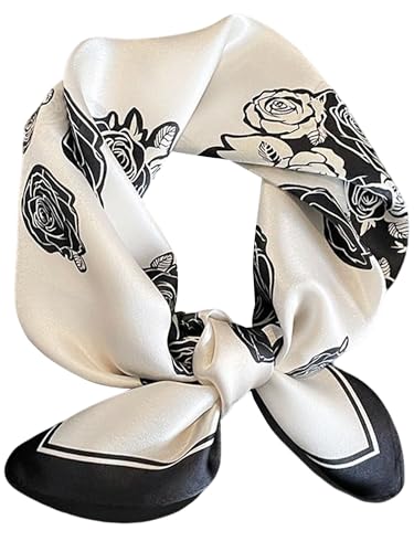 100% Mulberry Silk Scarf for Women Hair Lightweight Square Neckerchief Wrap For Head Scarves 21" - color: 21-black and White Flower Frame /21"*21"