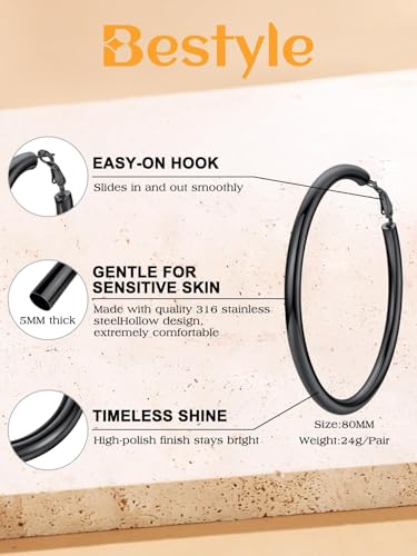 Bestyle 5mm Thick Gold Hoop Earrings Hypoallergenic Hoops for Sensitive Ears Trendy Lightweight Chunky Earrings for Women 30/40/60/80mm - color: 01-Black, size: 80mm
