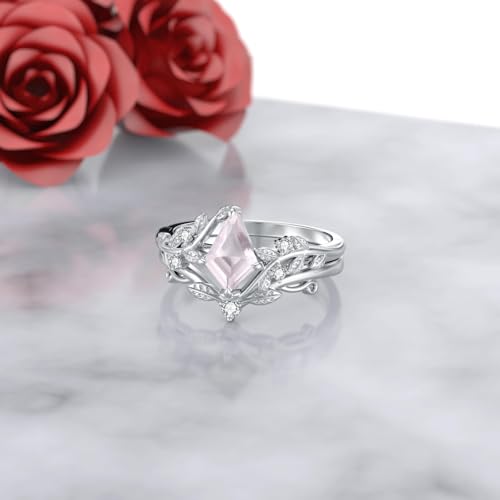 Natural Moss Agate Ring for Women 925 Sterling Silver Pear/Oval/Kite/Heart/Hexagon/Emerald/Coffin Cut Green Leaf Moss Agate Engagement Ring Promise Bridal Set Anniversary Birthday Jewelry Gifts - color: Kite Cut Rose Quartz