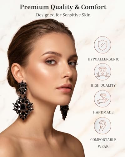 Silver Chandelier Earrings for Women Trendy, Oversized Big Crystal Rhinestone Statement Earrings Dangling Formal Pageant Earings Drag Queen Jewelry - color: Black