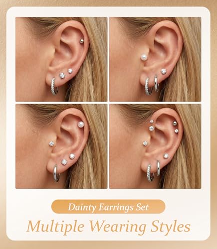 Incaton Hypoallergenic Flat Back Earrings for Women Silver 14K Gold Plated Surgical Stainless Steel Stud Earrings Cubic Zirconia Cartilage Studs Earrings For Multiple Piercing Sensitive Ears - color: J-Silver