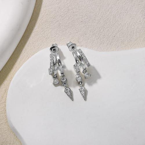 Triple Huggie Stacked Earrings for Women Gold Chain Drop Dangle Earrings Cute Statement CZ Earrings Trendy Dainty Jewelry Gift - color: Silver 8