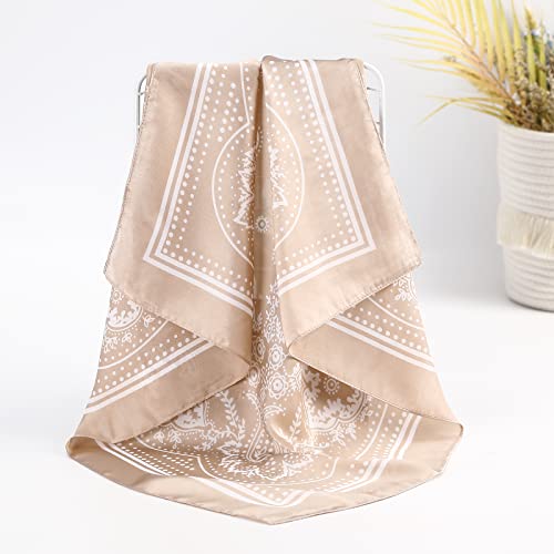 AWAYTR 27.5” Silk Satin Square Head Scarf - 4PCS Satin Head Scarves for Women Hair Kerchief Bandanas Sleeping Head Wraps - color: Cashew( Black+orange+camel+grey)