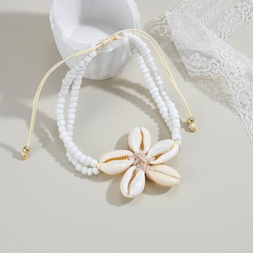 Vivian&CD Boho Shell Anklets Bracelet for Women Waterproof, Gold Layered Seashell Starfish Puka Shell Anklet, Adjustable Colorful Beaded Stack Stretch Bead Bracelet Set, Fashion Beach Foot Jewelry for Hawaii Summer Vacation - style: Starfish White