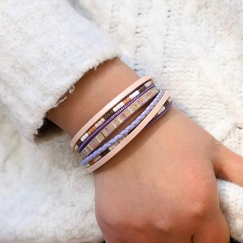 Fesciory Leather Wrap Bracelets for Women, Boho Leopard Multi-Layer Crystal Beads Cuff Bracelet Jewelry - color: Boho Braid(Pink)