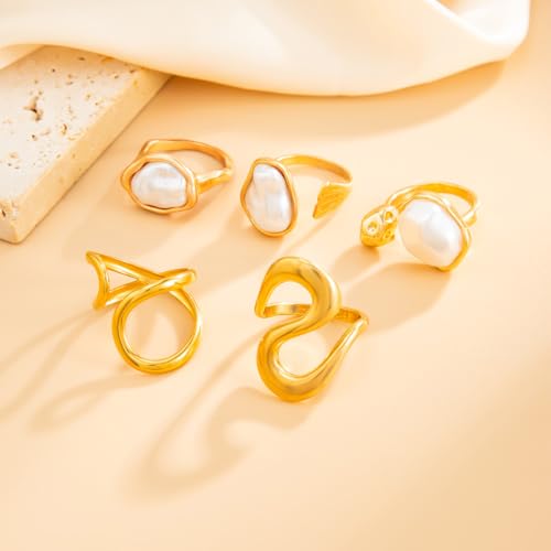 Chunky Gold Pearl Rings for Women Vintage Baroque Pearl Rings Set Open Stacking Pearls Ring Set Irregular Geometric Pearls Ring Boho Prom Costumes Fashion Jewelry Accessories - style: 5PCS C