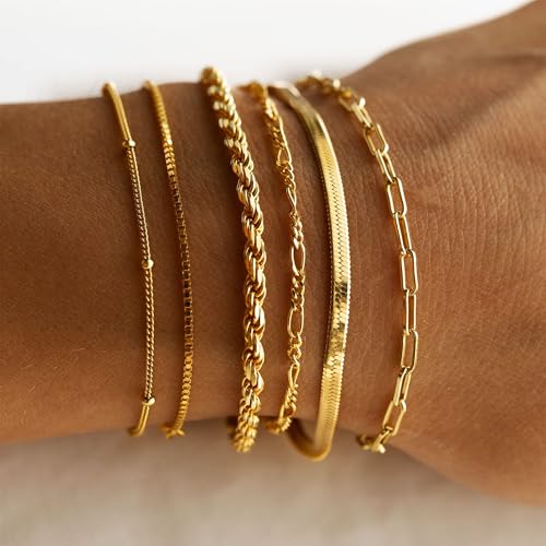 DEARMAY Sterling Silver Plated Bracelets Set for Women Waterproof, Non Tarnish Sterling Silver Link Chain Bracelets Pack Dainty, Fashion Jewelry Gifts for Everyday Comfortable - color: 6Pcs Gold Bracelet A