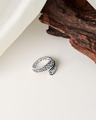 Vintage 14K Gold Plated and Silver Spoon Ring – Adjustable Ring with Carving Design for Women, Unique Boho Open Ring for Gift - color: Silver & Black