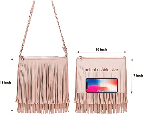 Solene Fringe Crossbody Shoulder Bag with Strap, Tassel Messenger bag, Country Style Western Fringe Purse for Women - color: Rose Pink