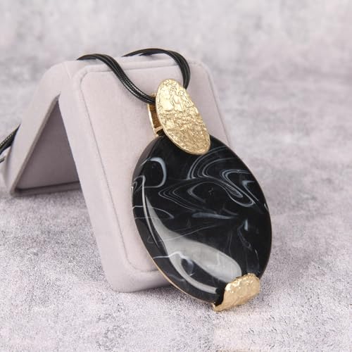 GelConnie Leather Necklace for Women Large Pendant Long Brown Necklace Circle Leather Choker Vintage Sweater Necklace Gold Chunky Boho Necklaces for Women - style: Black Large Gold Necklace