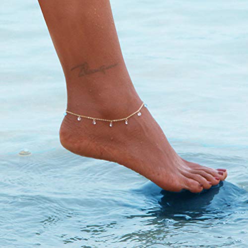 LOYATA Dainty Ankle Bracelet,14K Gold Plated Tiny Bead Anklet Dainty White Cubic Zirconia Cross Tassel Foot Chain Cute Lucky Moon Evil Eye Foot Jewelry Boho Anklets for Women - color: CZ