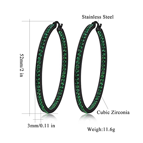 CiNily Mult-colors Crystal Stainless Steel Hoop Earring for Women Hypoallergenic Jewelry for Sensitive Ears Large Big Hoop Earrings 2" - color: Black&Emerald