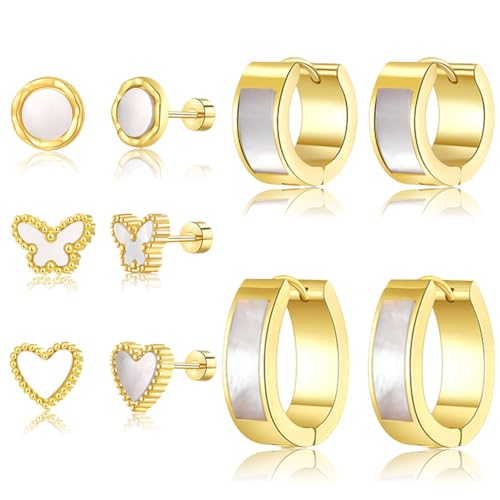 Silver Gold Plated Surgical Steel Flat Back Earrings for Women Hypoallergenic 14K Gold Plated Stud Huggie Earring Set Fashion Shell Cubic Zirconia Flatback Studs Cartilage Earrings Pack for Multiple Piercing 5/8Pairs - color: 5 Pairs Gold Plated Flatback