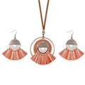 Wooden Leather Necklaces Set Bohemian Wood Stack Discs Long Chain Hemp Rope Bronze Plated Pendant Ethnic Tribal Fall Leaf Earrings Jewelry Statement Necklace - color: R-034