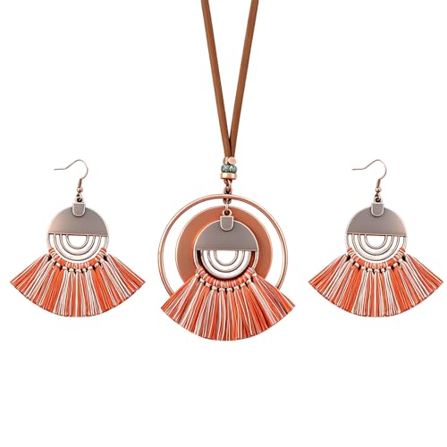 Wooden Leather Necklaces Set Bohemian Wood Stack Discs Long Chain Hemp Rope Bronze Plated Pendant Ethnic Tribal Fall Leaf Earrings Jewelry Statement Necklace - color: R-034