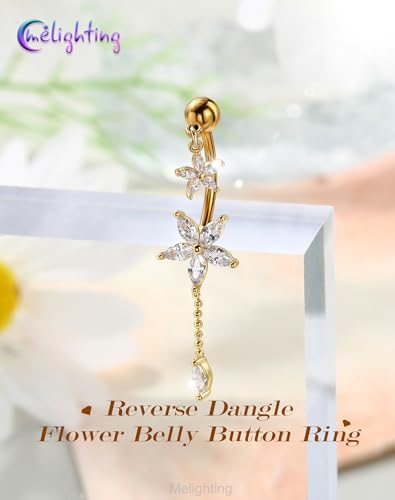 Melighting 14G Lotus Belly Button Ring, Dangle Belly Ring Surgical Steel 316L, Reverse Navel Piercing Jewelry, 10 mm Silver Flower Body Jewellery for Women - style: Gold Lotus