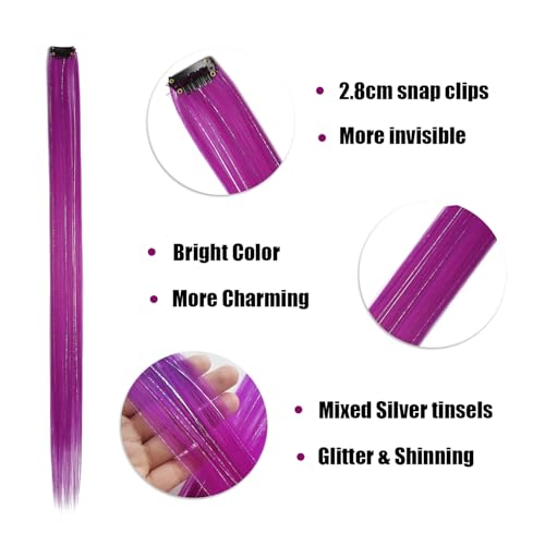 12pcs Clip in Purple Hair Extensions, 22 Inch Rainbow Hair with Silver Tinsels, Colorful Holiday Party Highlights for Women - color: Purple