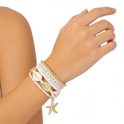 Shell Bracelet Seashell Boho Beaded Stretch Bracelets for Women Summer Beach Bracelets Starfish Charm Bracelet Stackable Gold Plated Bracelets Set for Women - color: d-white