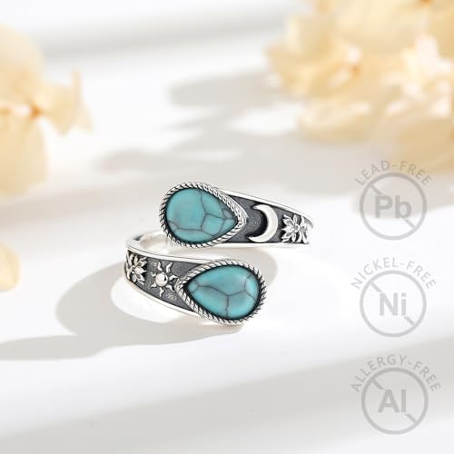 Vito 925 Sterling Silver Adjustable Open Spoon Ring for Women Men, Lotus Sunflower Snake Spoon Band Rings Feather Hug Witches Knot Inspirational Jewelry Gift for Wife - style: Lotus Turquoise
