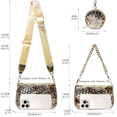 Handmade Woven Small Crossbody Bag for Women with Coin Purse, Designer Shoulder Handbag 3pcs Set, Mini Tote Clutch - color: Brown Multicolor