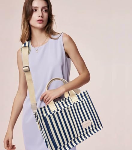 Large Canvas Tote Bag for Women Work Tote Bags with Pockets Laptop Crossbody Purses Everyday Bag Handbags for Travel - color: New Upgrade Plus Blue Stripe