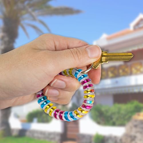 Lucky Line 2” Diameter Spiral Wrist Coil with Steel Key Ring, Flexible Wrist Band Key Chain Bracelet, Stretches to 12”, Rainbow, 1 Pack (410091) - color: Rainbow, size: 1 Pack