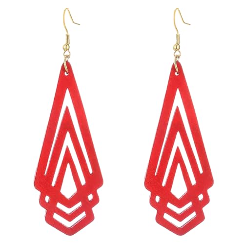 Handmade Wood Triangle Rhombus Hollow Geometric Dangle Drop Earrings Unique Presonalized Retro Gold Hook Earrings For Women - style: Red
