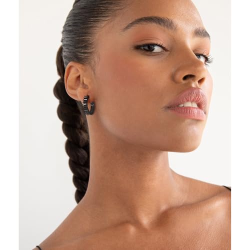 Trendy 14K Gold Plated Hoop Earrings for Women, Chunky Gold/Silver Earrings for Women Cubic Zirconia Baguette Hoop Earrings Heart Hoops Lightweight Hypoallergenic Jewelry,25mm/35mm/40mm/50mm - color: 01 Black CZ Hoops 25mm