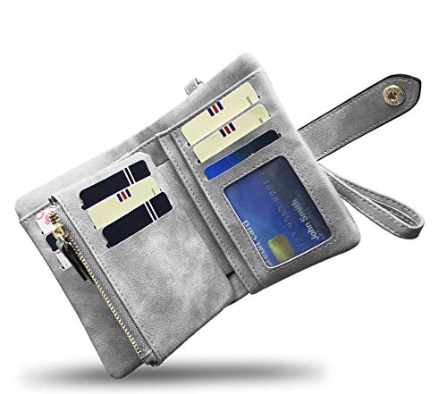 AOXONEL Women's Small Bifold Leather wallet Rfid blocking Ladies Wristlet with Card holder id window Coin Purse - color: Grey