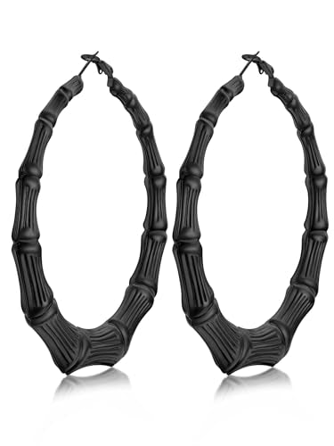 KeyStyle Bamboo Hoop Earrings for Women, Stainless Steel 90s Hoops Earring Lightweight Loops for Party, 2 mm Thick Hypoallergenic Vintage Circle Endless Thin Hoop (40mm, 60mm, 80mm,) - color: Black Plated-80mm