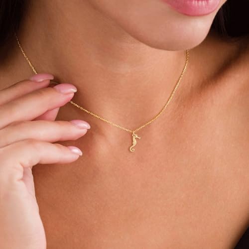 VRIUA Gold Necklace for Women - 14K Gold Plated Dainty Italian Horn Star of David Butterfly Bow Sun Lotus Volleyball Baseball Cowboy Boots Necklace Jewelry Everyday for Women - style: Seahorse