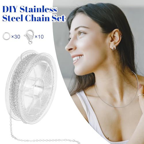 Wanmu 9.8Ft Stainless Steel Chain for Jewelry Making, Silver Necklace Link Cable Chains Roll with 10 Lobster Clasps and 30 Open Jump Rings, Charm Bracelet Supplies for Men Women DIY Craft - 1.5MM - color: Silver