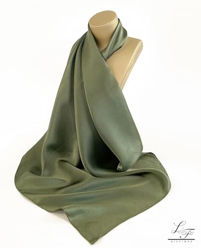 Hioyiwse Satin Square Scarf for Women Solid Color Emulation Silk Handkerchief Hair Ribbon Headband Handbag Purse - color: D14-army Green(23.6*23.6inch)