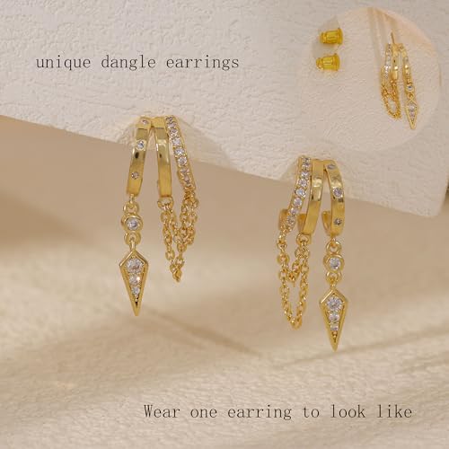 Dangle Earrings For Women, Dainty Gold Drop Statement Earrings 14K Gold Plated Long Huggie Earrings for Women Trendy Hypoallergenic Dangly Earrings Small Triple Hoops Earrings Fashion Jewelry - color: gold-chain