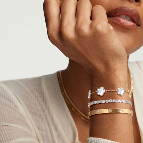 Womens Stackable Floral Gold Bracelets - 3Pcs 18K Gold Plated Bracelet,Stainless Steel Bangle Bracelets Non Tarnish, Gold Bracelet Set Trendy Jewelry,Christmas Valentines Birthday Gifts for Girlfriend - color: White