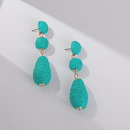 Boho Raffia Earrings Statement Dangle Earrings Cute Teardrop Ball Earrings Colorful Summer Jewelry Handmade Rattan Earrings for Women - color: Teal