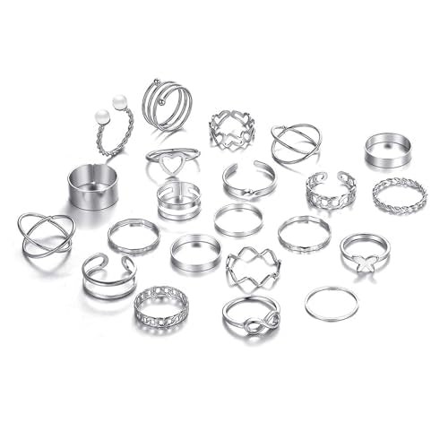 Vintage Silver/Gold/Black Kunckle Rings Set for Women Boho Stackable Rings Butterfly Pearl Heart Rings Open Adjustable Finger Rings Statement Rings Set Jewelry Gifts - color: Silver