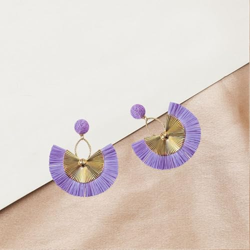 Anmpab Straw Fan Bohemian Tassel Earrings for Women Trendy Colorful Fringe Summer Beach Statement Earrings - color: Violet
