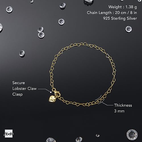 Amberta Women's 925 Sterling Silver Heart Bracelet - color: Gold Plated