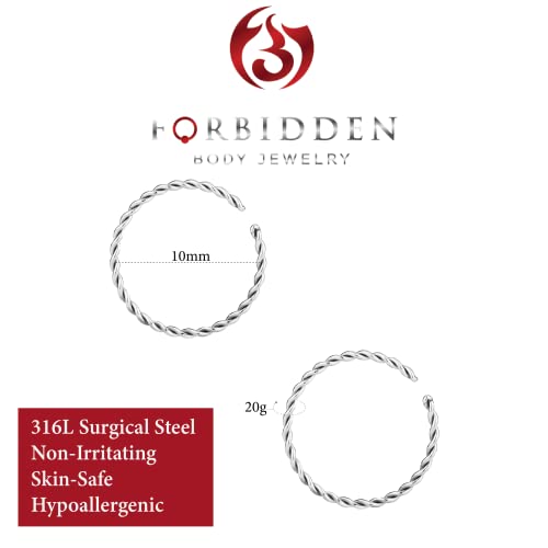 Forbidden Body Jewelry Nose Rings Set Surgical Steel Braided Hoops for Pierced and Fake Nose and Cartilage Piercings 14G-20G - style: 20g 10mm Silver Tone (2pcs)