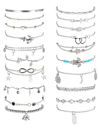 FASACCO 20Pcs Ankle Bracelets for Women Adjustable Beach Anklet Set Surfer Anklet Heart Star Turtle Infinite Anklets Foot Jewelry - color: silver tone